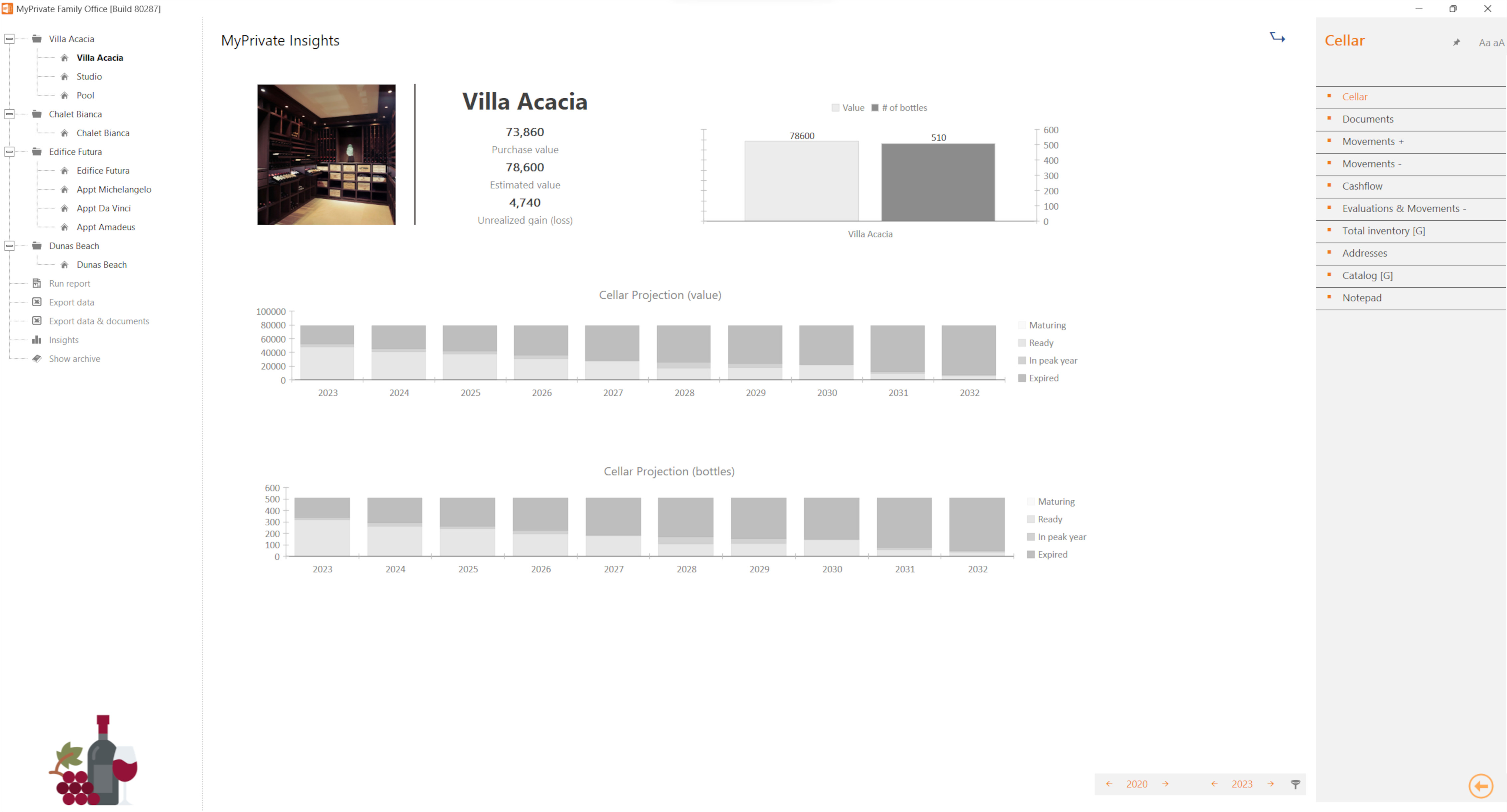 Analytical vue on the projected future evolution of your wine cellar showing value and number of bottles